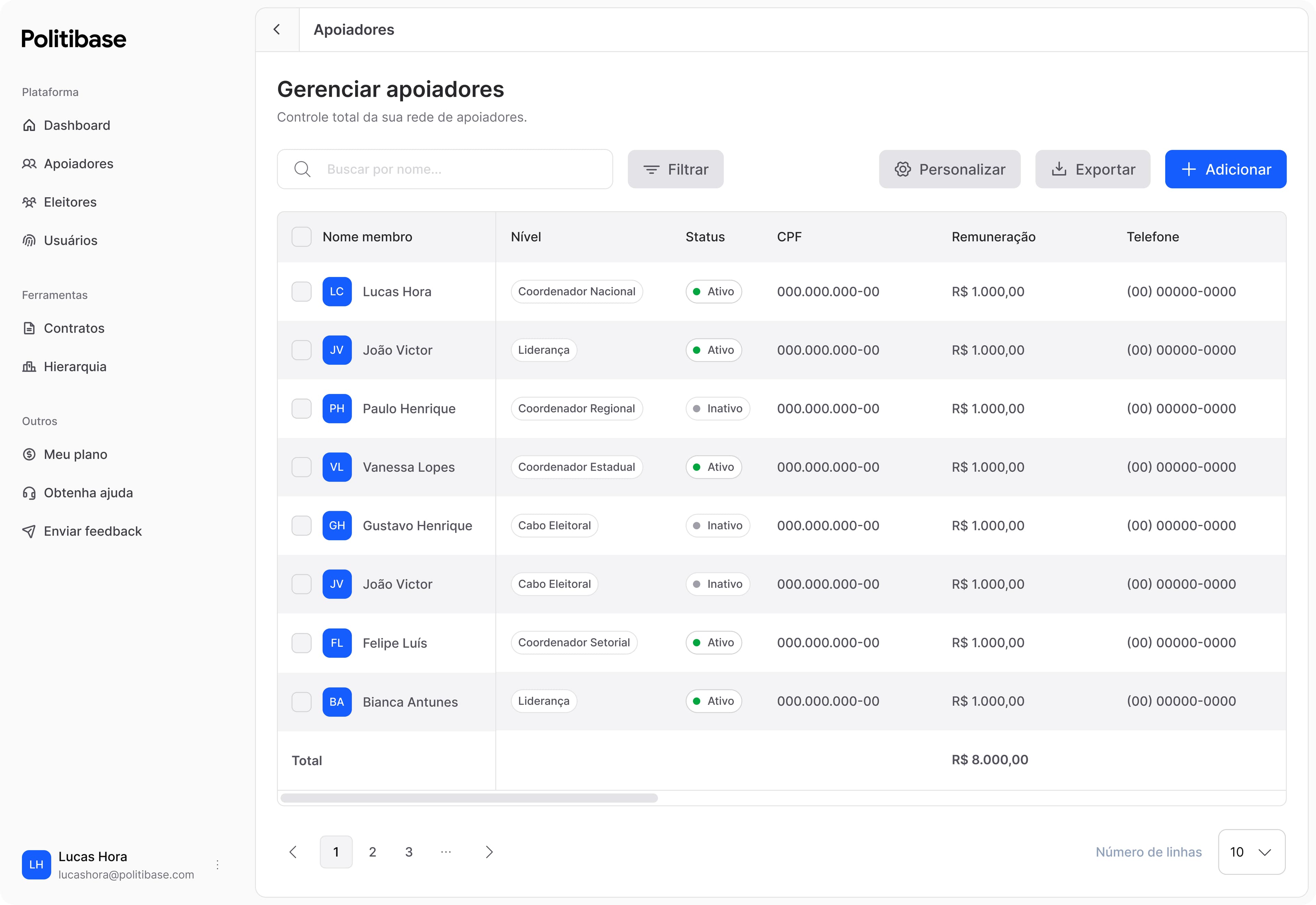Interface da plataforma Politibase mostrando gestão de apoiadores